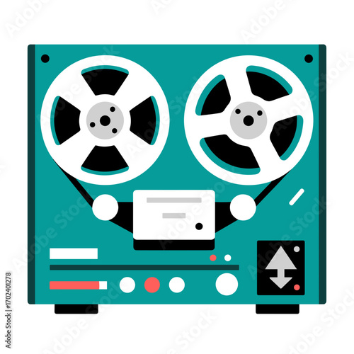 Vintage Teal Reel-to-Reel Tape Recorder Illustration with Detailed Spools and Controls, Retro Audio Technology