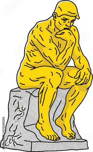 The Thinker vector illustration, philosophical sculpture, deep thought pose, pop art style, cartoon design, black yellow white, intellectual concept icon