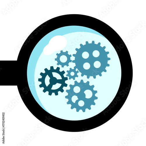 Magnifying Glass Focusing on Interlocking Gears, Representing Analysis and Mechanical Processes
