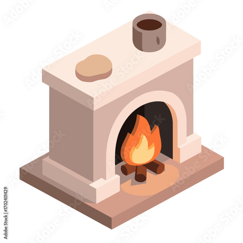 Isometric Fireplace with Burning Fire and Coffee Mug Illustration for Cozy Home Decor
