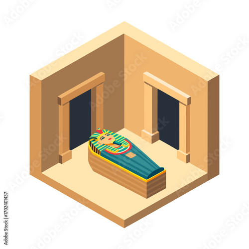 Isometric Illustration of an Egyptian Sarcophagus in a Tomb Chamber with Two Doorways, Ancient Egypt Concept