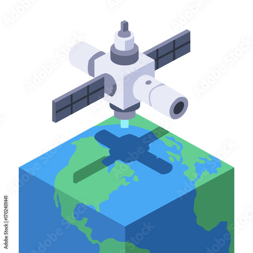 Isometric Satellite Orbiting Earth Illustration for Communication and Technology Concepts