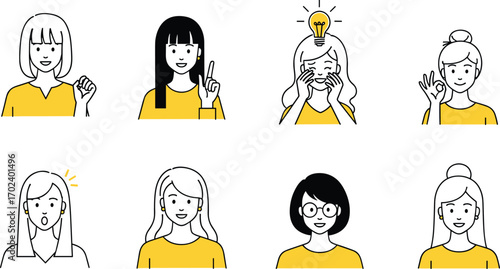 Women expression vector illustration, cartoon character set, emotional gestures, idea pose, OK sign, flat design, black yellow white