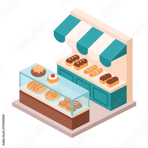 Isometric Bakery Shop with Pastries and Bread Displayed in Showcase, Flat Vector Illustration