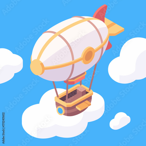 Isometric Airship Flying Among Clouds in a Blue Sky, Vector Illustration with a Whimsical Feel