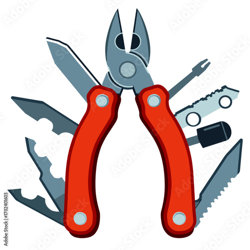 Red Multi-Tool with Various Blades and Attachments, a Versatile Hand Tool Illustration
