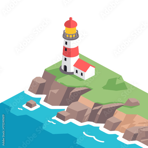 Isometric Lighthouse on Rocky Coastline with Ocean View, Navigation Beacon Illustration