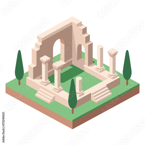 Isometric Illustration of Ancient Ruins with Columns and Greenery on a Green Field