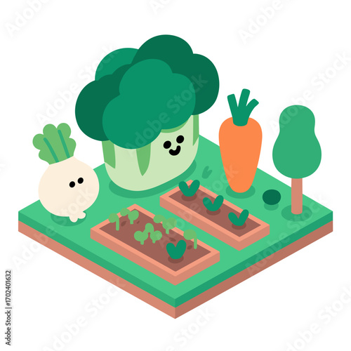 Isometric Vegetable Garden with Cute Cartoon Vegetables, Including Broccoli, Carrots, and Turnip Illustration