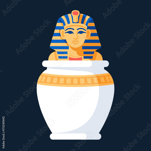 Egyptian Canopic Jar with Pharaoh Head and Hieroglyphic Details Flat Vector Illustration