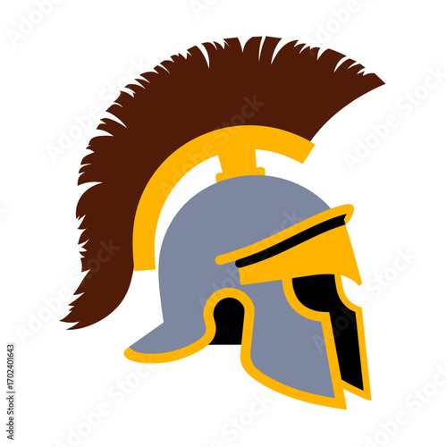 Spartan Helmet Graphic Illustration with Brown Plume and Gold Accents on White Background