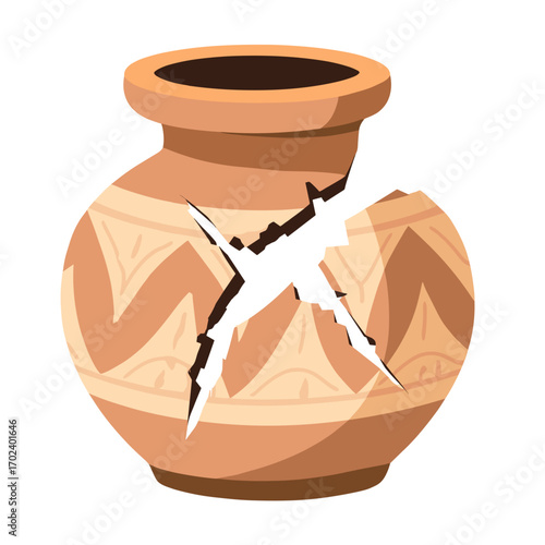 Cracked Clay Pot with Geometric Pattern, Broken Pottery Vessel Illustration on White Background