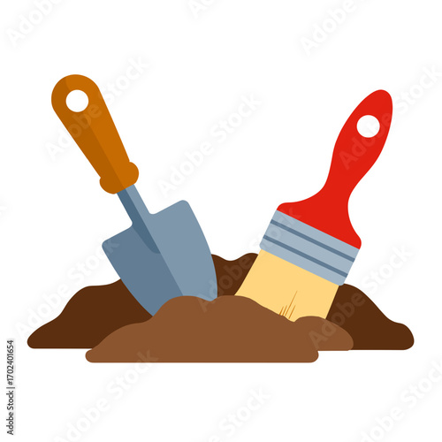 Illustration of a Garden Trowel and Paintbrush Stuck in Soil, Representing Gardening and Artistic Activities