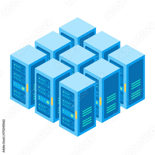 Isometric Illustration of Multiple Blue Servers Representing Data Storage and Network Infrastructure