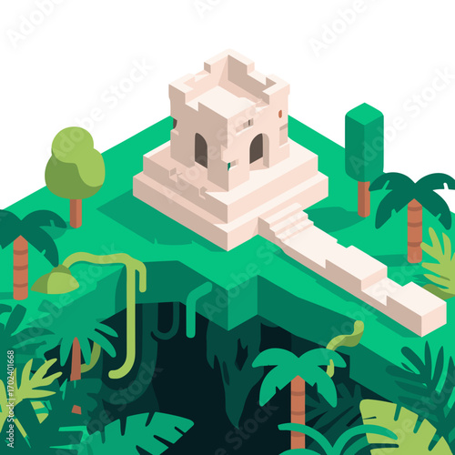 Isometric Illustration of Ancient Ruins in a Lush Green Jungle Environment with Palm Trees and Vines
