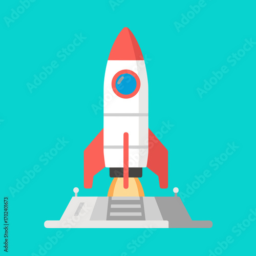 Flat Vector Illustration of a Rocket Launching into Space with Teal Background
