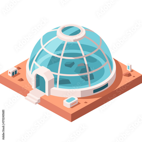 Isometric Illustration of a Futuristic Dome Habitat on a Martian Landscape for Space Exploration