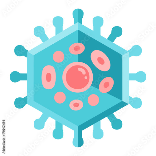 Stylized Vector Illustration of a Blue Virus Cell with Red Blood Cells Inside for Medical and Scientific Purposes