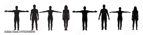 A row of eight black human silhouettes, both male and female, in various poses against a white background.
