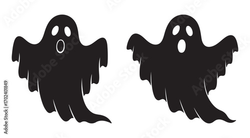 Two black cartoon ghosts with white eyes and open mouths, isolated on a white background.