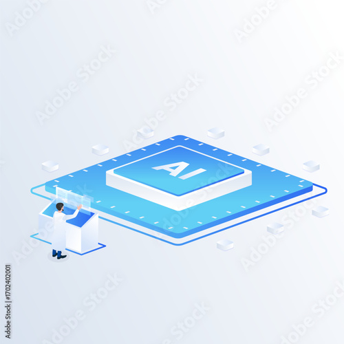 Artificial intelligence microchip isometric vector illustration. analyzing ai microchip technology concept, computer electronics and AI systems.