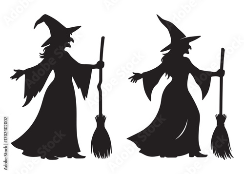 Silhouette of two witches with brooms on a white background.