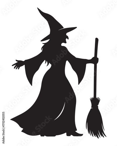 Silhouette of a witch with a pointed hat, flowing dress, and broom.