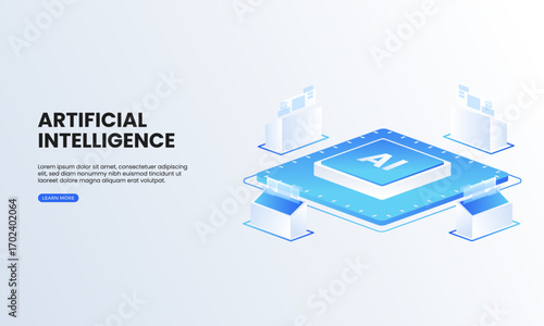 Artificial intelligence chip isometric vector illustration. ai microchip technology, computer electronics and AI systems landing page template.
