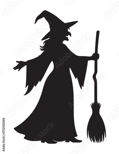 Silhouette of a witch holding a broomstick.