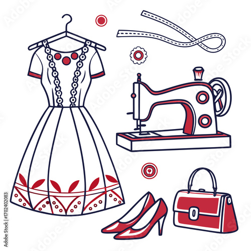 Vector illustration of a vintage wedding dress and fashion accessories set, showing a woman's stylish silhouette