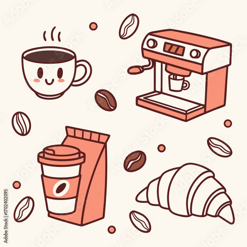 A hot coffee cup with cream and beans, a perfect cafe breakfast beverage