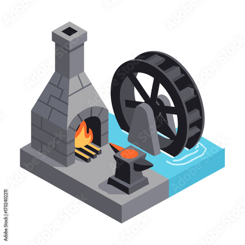Isometric Illustration of a Blacksmith Forge with Anvil, Water Wheel, and Fire, Depicting Traditional Industry