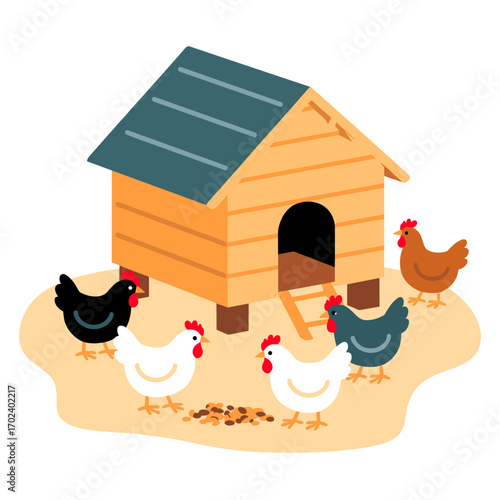 Cartoon Chicken Coop Scene with Various Chickens Feeding Illustration in Flat Design Style