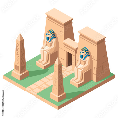 Isometric Illustration of an Ancient Egyptian Temple with Obelisks and Sphinx Statues, Representing Historical Architecture