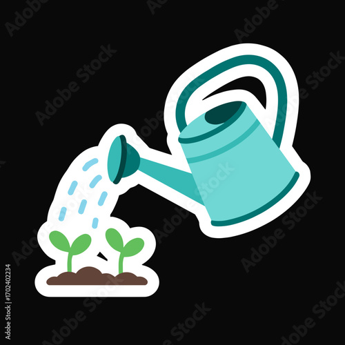 Illustration of a Blue Watering Can Pouring Water on Young Seedlings Growing in Soil