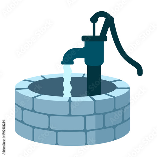 Illustration of a Water Well with a Hand Pump and Flowing Water, a Symbol of Clean Water Access