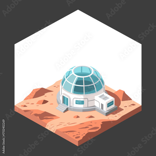 Isometric Illustration of a Futuristic Mars Habitat Dome for Space Exploration and Colonization