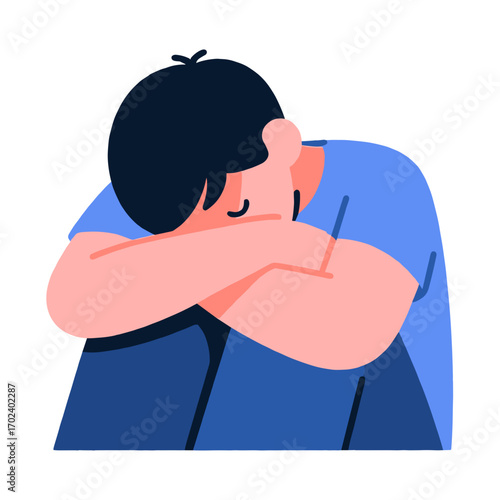 Illustration of a Sad Young Man Crouching with His Head in His Arms, Depicting Depression and Loneliness