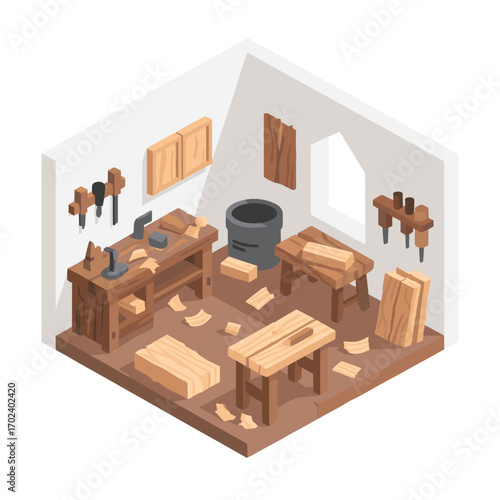 Isometric Woodworking Workshop Interior with Tools and Wood Pieces Illustration, a Detailed Crafting Space