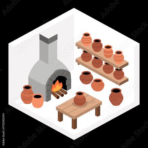 Isometric Pottery Workshop Illustration with Kiln, Shelves, and Clay Pots for Crafts and Art