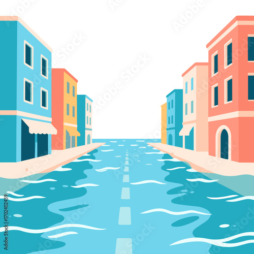 Flooded City Street with Colorful Buildings Illustration Depicting the Effects of Climate Change and Rising Sea Levels