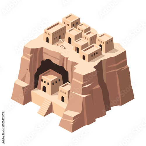 Isometric Illustration of a Cliffside Village with Adobe Buildings and a Cave Entrance, Vector Style