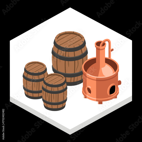 Isometric Illustration of Wooden Barrels and Copper Still for Distilling Alcohol, Brewery Equipment on White Hexagon
