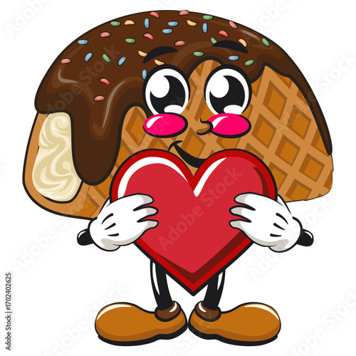 cute choco taco ice cream mascot character vector illustration holding a big heart, work of hand drawn