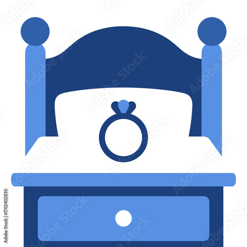 Blue Bed with Nightstand and Diamond Ring on Pillow: Illustration for Wedding or Engagement