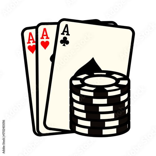 Illustration of Three Aces Playing Cards with Stack of Poker Chips for Casino Game