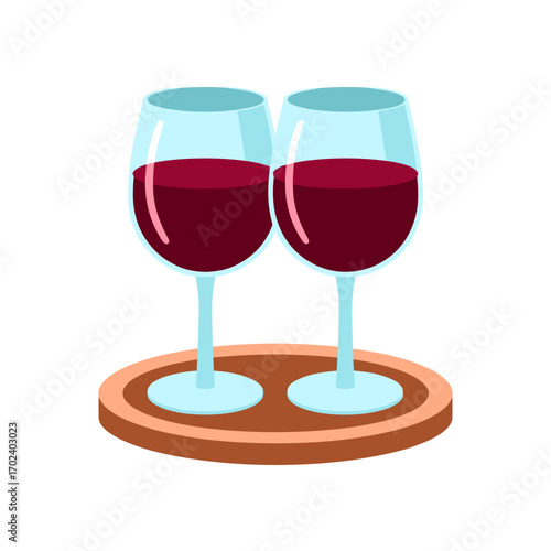 Two Glasses of Red Wine on a Wooden Tray, Minimalist Flat Design Style Illustration