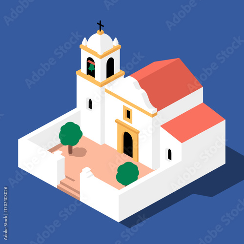 Isometric Illustration of a White Mission Church with a Red Tile Roof and Courtyard
