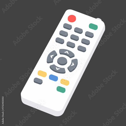 White Remote Control with Multiple Buttons for Television or Other Electronic Device, Flat Design Illustration