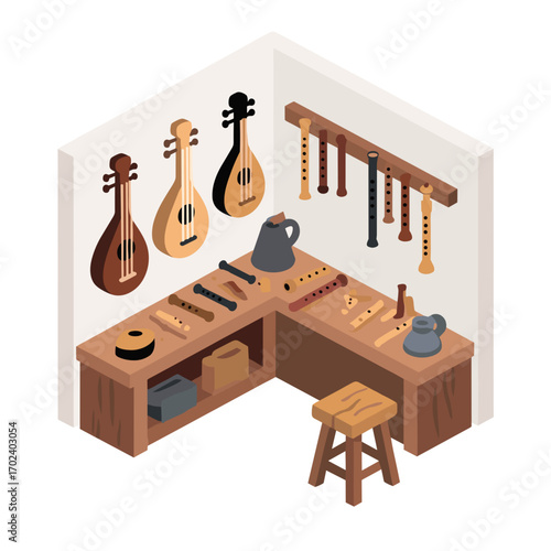 Isometric View of a Musical Instrument Workshop with Lutes, Flutes, and a Wooden Stool Illustration